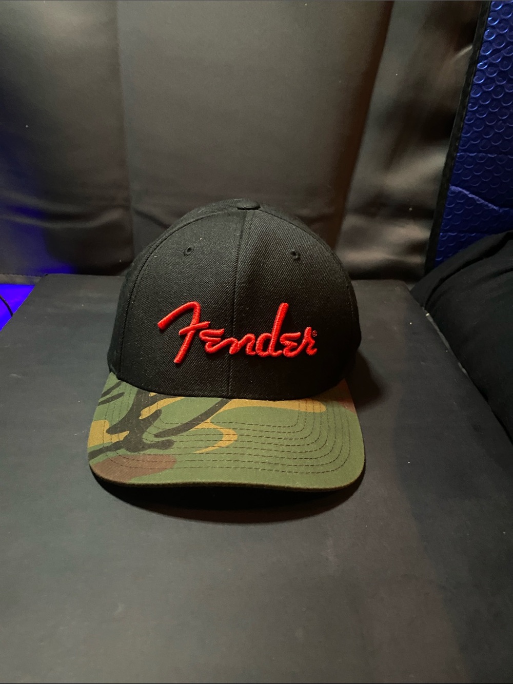 Fender Black Cap with Red Logo and Camo Brim